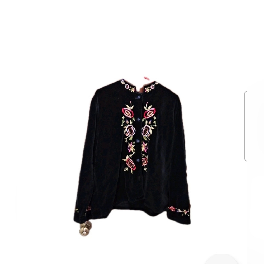 Whimsigoth Black Velvet Vintage‎ Jacket Floral Embroidered Sixe XI Dark Boho 90s